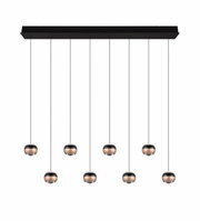 Moderne Pendelleuchte Orbit mit acht kugelförmigen Lampen, schwarze Aufhängung, frontale Ansicht
