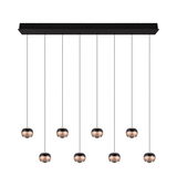 Moderne Pendelleuchte Orbit mit acht kugelförmigen Lampen, schwarze Aufhängung, frontale Ansicht