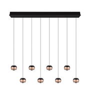 Moderne Pendelleuchte Orbit mit acht kugelförmigen Lampen, schwarze Aufhängung, frontale Ansicht