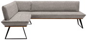 Graue Eckbank mit Stoffbezug, Metallbeinen und Holzdetails, seitliche Perspektive