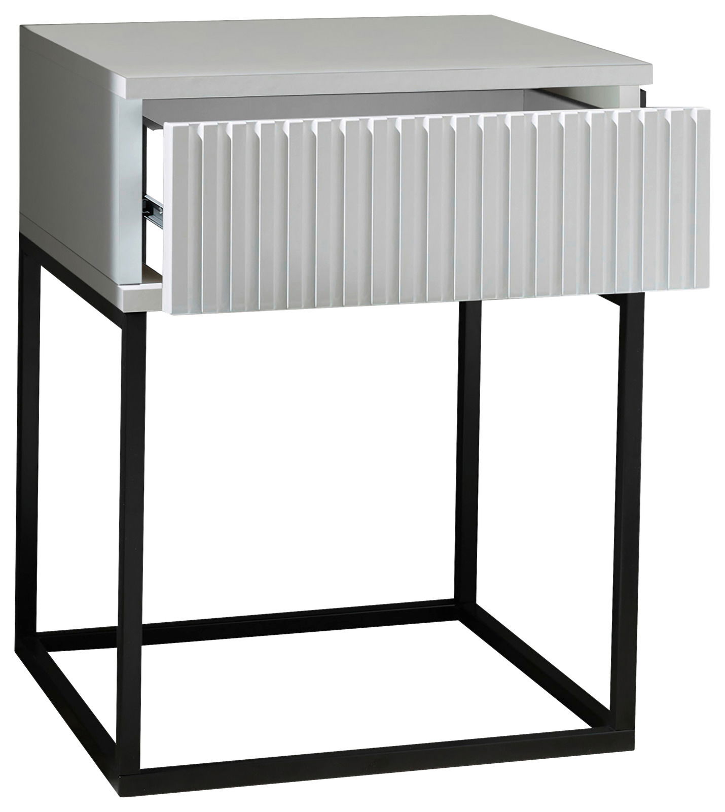 Moderne Nachtkommode mit offenem Schubladendesign, frontal betrachtet