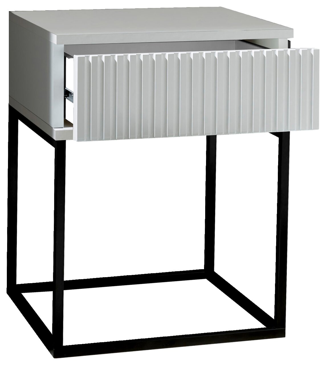 Moderne Nachtkommode mit offenem Schubladendesign, frontal betrachtet