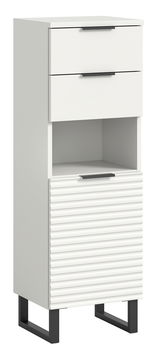 Weißer Standschrank mit zwei Schubladen, einem offenen Fach und einer geriffelten Tür, auf schwarzen Metallbeinen. Frontalansicht.