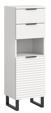 Weißer Standschrank mit zwei Schubladen, einem offenen Fach und einer geriffelten Tür, auf schwarzen Metallbeinen. Frontalansicht.