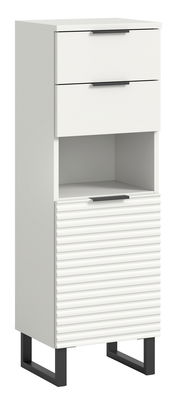 Weißer Standschrank mit zwei Schubladen, einem offenen Fach und einer geriffelten Tür, auf schwarzen Metallbeinen. Frontalansicht.