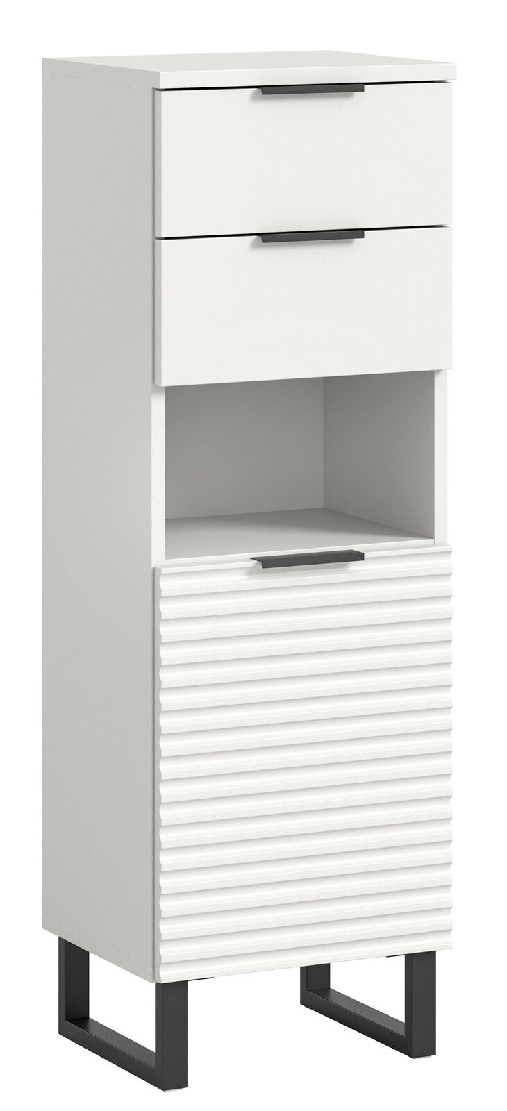 Weißer Standschrank mit zwei Schubladen, einem offenen Fach und einer geriffelten Tür, auf schwarzen Metallbeinen. Frontalansicht.