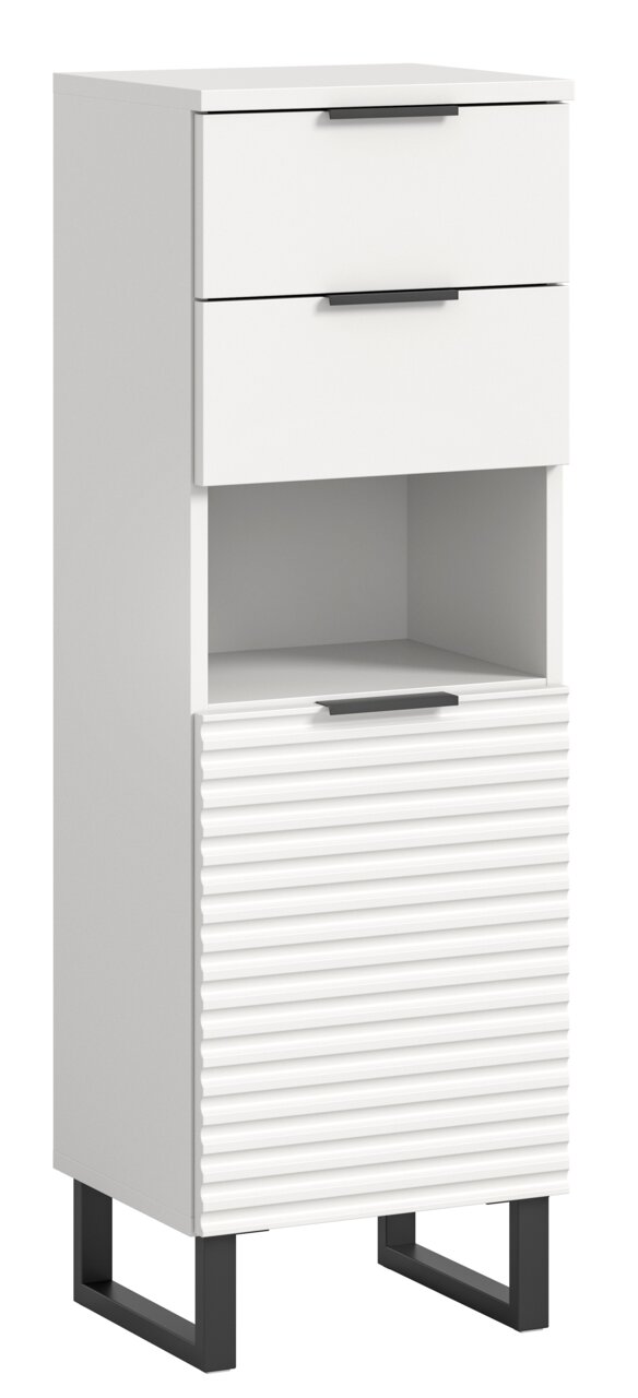 MID.YOU Standschrank RIFF Weißer Standschrank mit zwei Schubladen, einem offenen Fach und einer geriffelten Tür, auf schwarzen Metallbeinen. Frontalansicht.