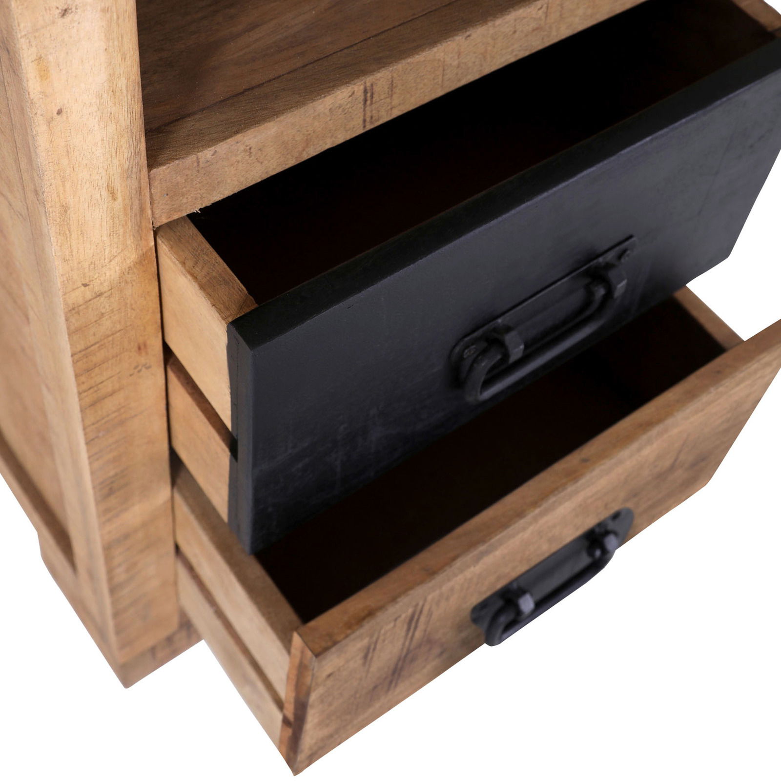 Landscape Nachtkommode BARNEY Nachtkommode aus Holz mit zwei offenen Schubladen, eine in Schwarz und eine in Holzoptik, aus der Vogelperspektive.