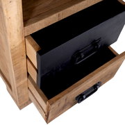 Nachtkommode aus Holz mit zwei offenen Schubladen, eine in Schwarz und eine in Holzoptik, aus der Vogelperspektive.