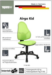 Grüner Drehstuhl für Kinder mit atmungsaktiver Netzrückenlehne, höhenverstellbarem Sitz und abgerundetem Muldensitz, seitliche Perspektive.