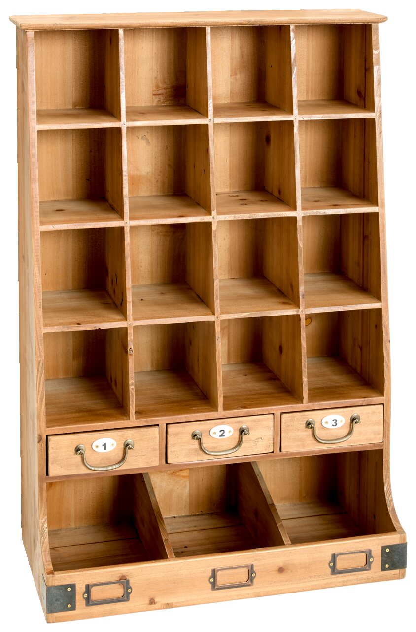 Holz-Wandregal mit mehreren Fächern und drei Schubladen, frontal betrachtet.