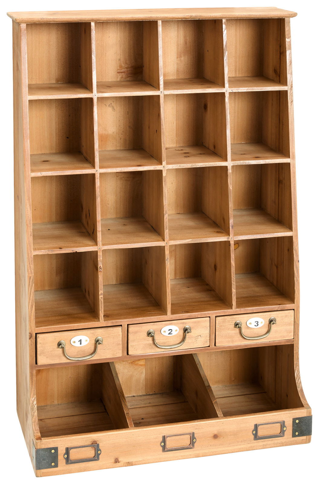 Holz-Wandregal mit mehreren Fächern und drei Schubladen, frontal betrachtet.