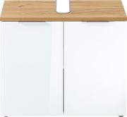 Moderner Unterschrank mit weißer Front und Holzoberfläche, Frontalansicht