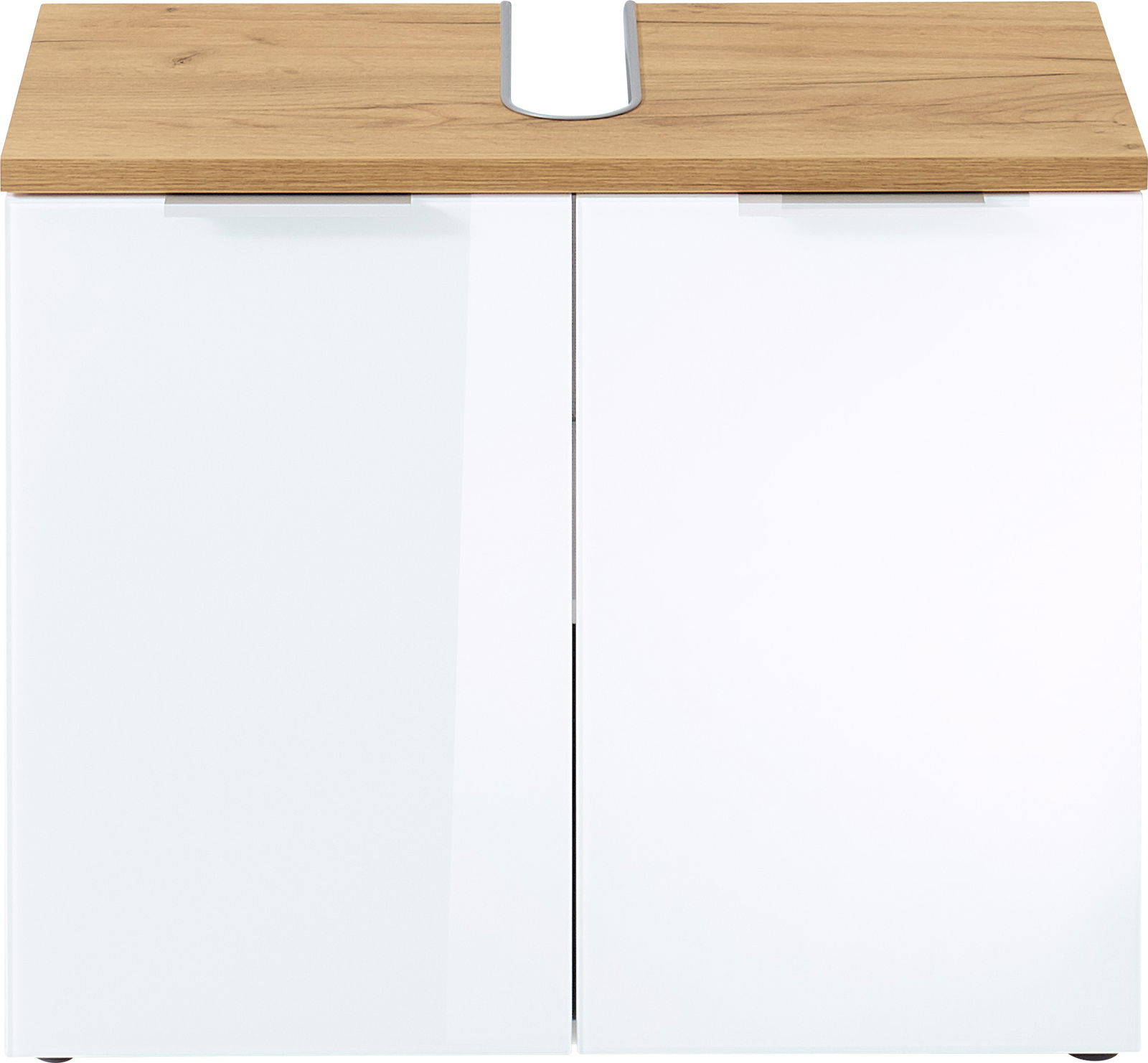 Moderner Unterschrank mit weißer Front und Holzoberfläche, Frontalansicht