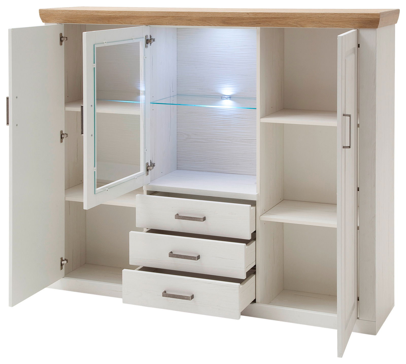 Weißes Highboard mit Holzakzent, geöffnet, zeigt Schubladen, Regale und beleuchtetes Glasfach, Frontansicht.
