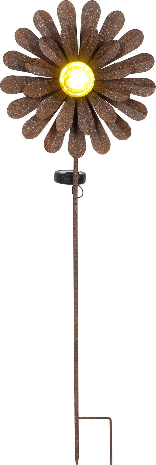 Ambia Garden Solarleuchte Rostfarbene Solarleuchte in Form einer Blume mit gelbem Licht in der Mitte, seitliche Perspektive.