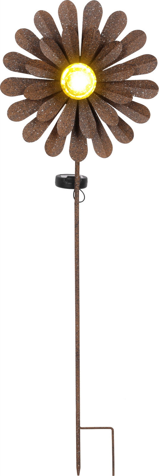 Rostfarbene Solarleuchte in Form einer Blume mit gelbem Licht in der Mitte, seitliche Perspektive.