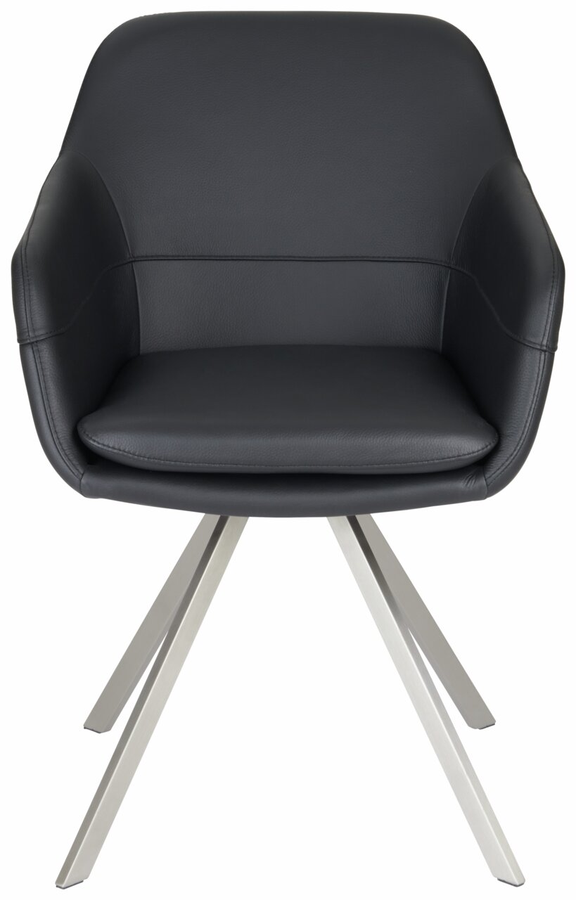 Moderner schwarzer Sessel mit Metallbeinen, Frontalansicht