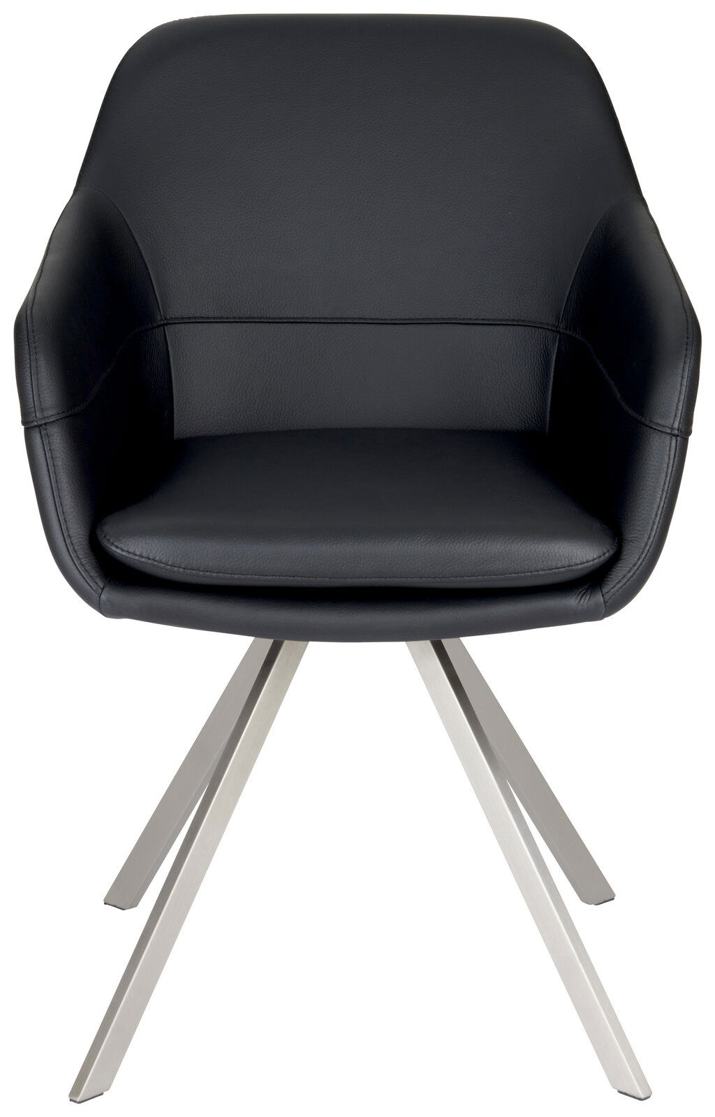 Moderner schwarzer Sessel mit Metallbeinen, Frontalansicht