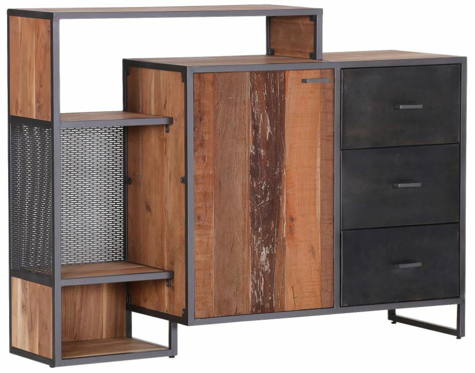 Landscape Sideboard MARLEY Modernes Sideboard aus Holz und Metall mit drei Schubladen und einem Schrank, seitliche Perspektive