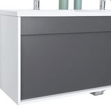 Moderner Waschplatz mit grauer Front und weißem Korpus, seitliche Perspektive