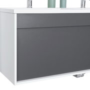 Moderner Waschplatz mit grauer Front und weißem Korpus, seitliche Perspektive