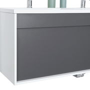 Moderner Waschplatz mit grauer Front und weißem Korpus, seitliche Perspektive