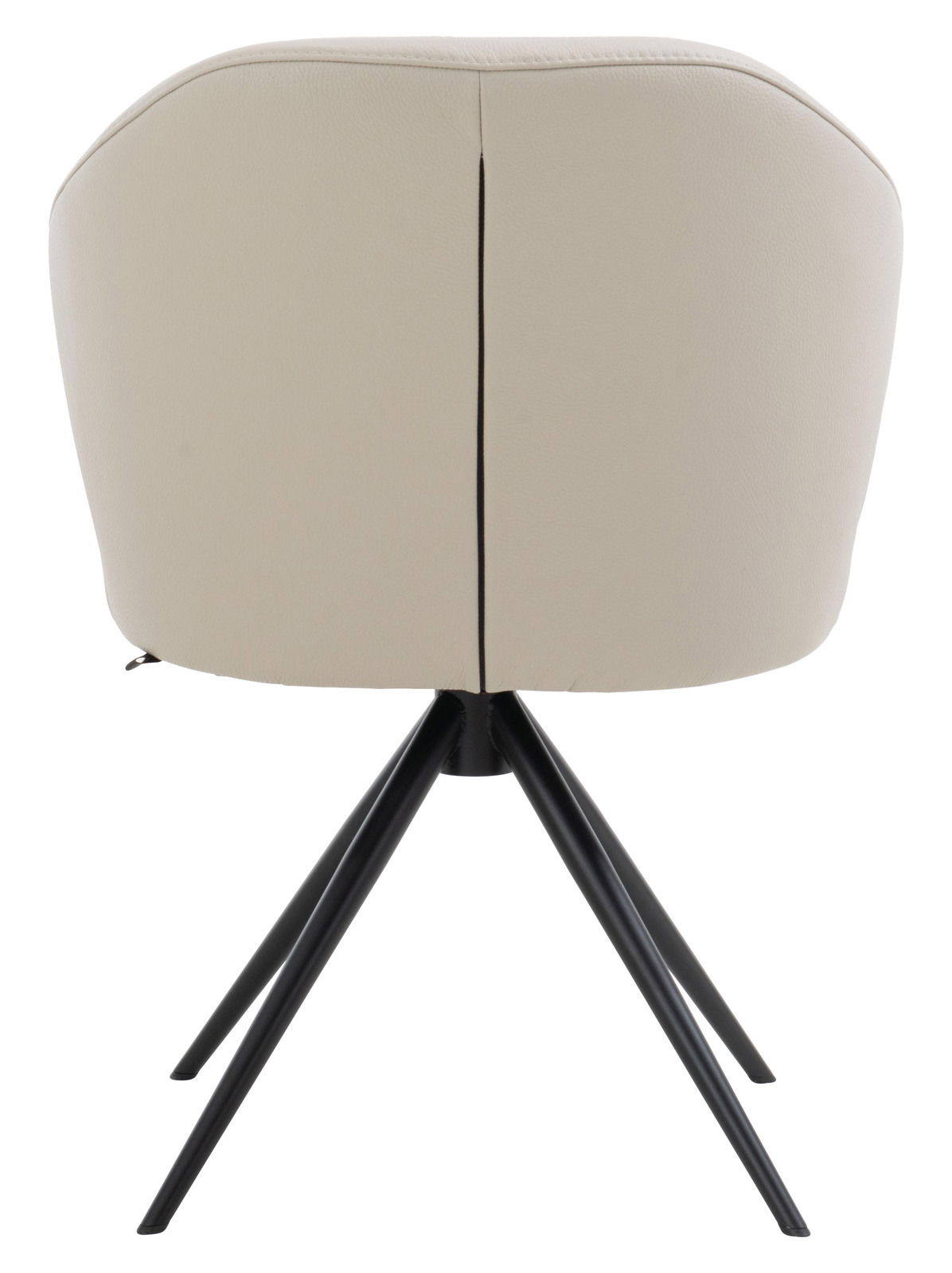 Rückansicht eines beigen Armlehnstuhls mit schwarzem Metallgestell