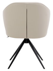 Rückansicht eines beigen Armlehnstuhls mit schwarzem Metallgestell