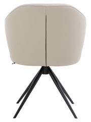 Rückansicht eines beigen Armlehnstuhls mit schwarzem Metallgestell