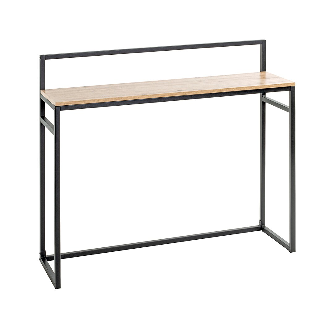 Schmaler Konsolentisch im Industrial-Design mit heller Holzplatte und schwarzem Metallrahmen, freigestellt vor weißem Hintergrund, Ansicht schräg von vorne.