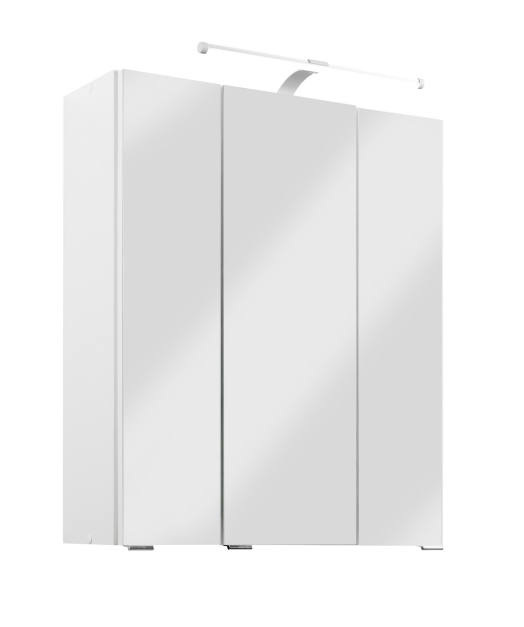 Moderner Spiegelschrank mit drei Türen und integrierter Beleuchtung, seitliche Perspektive