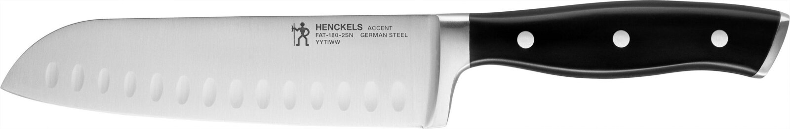 Henckels Accent Santokumesser aus deutschem Stahl mit Kullenschliff und schwarzem, dreifach vernietetem Griff, seitlich vor weißem Hintergrund abgebildet