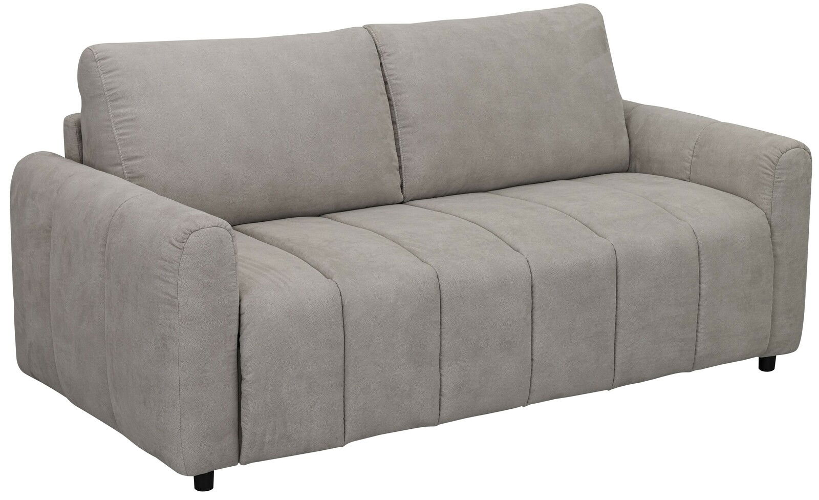 Graues Funktionssofa in Frontalansicht mit zwei Rückenkissen und Armlehnen.