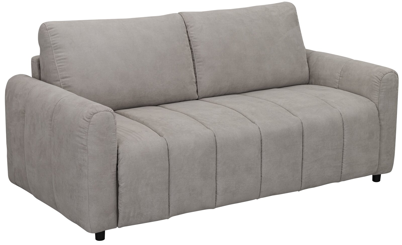 Graues Funktionssofa in Frontalansicht mit zwei Rückenkissen und Armlehnen.