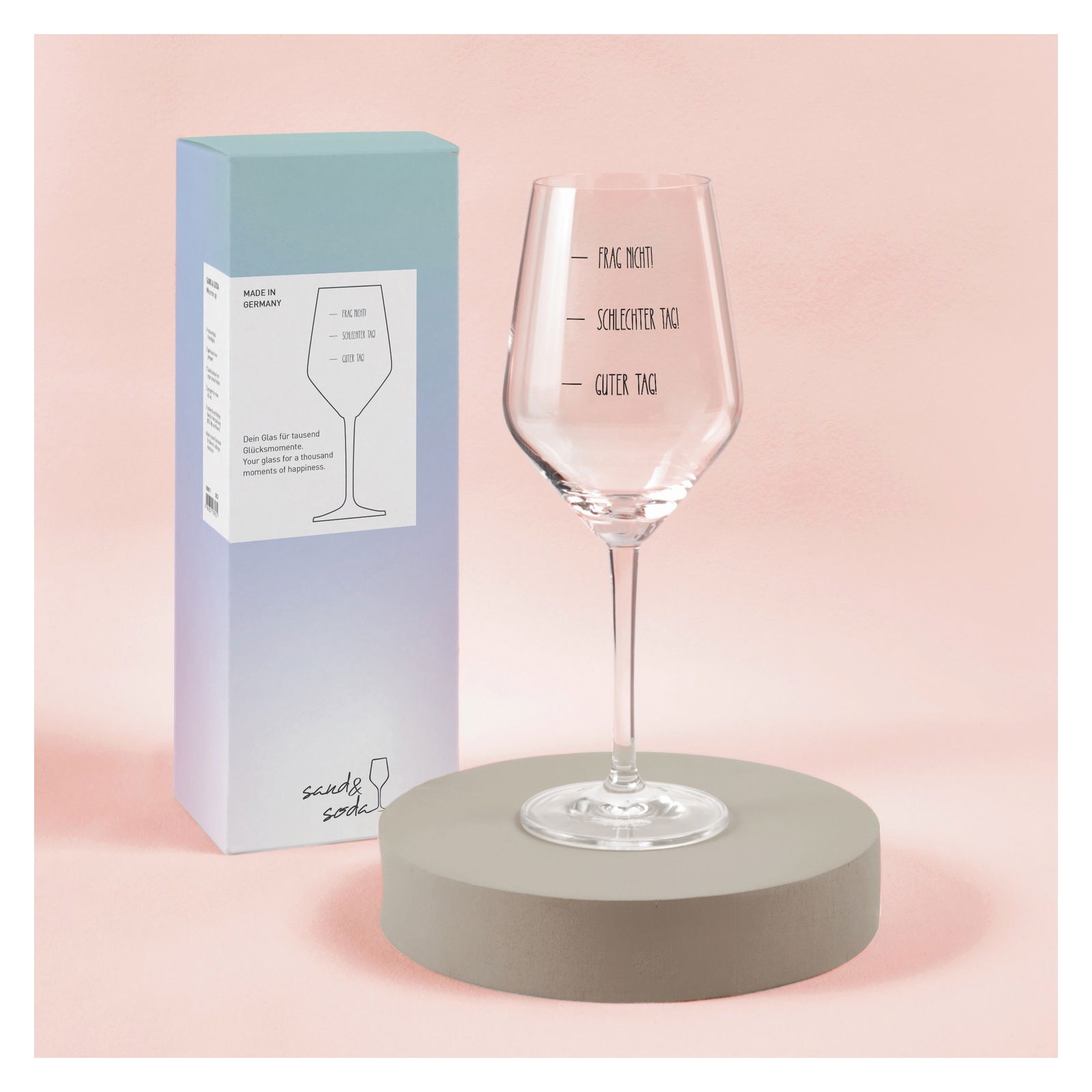 Ritzenhoff Weinglas Guter Tag Schlechter Tag SAND & SODA Weinglas mit Markierungen für 'Frag nicht', 'Schlechter Tag' und 'Guter Tag', seitliche Perspektive