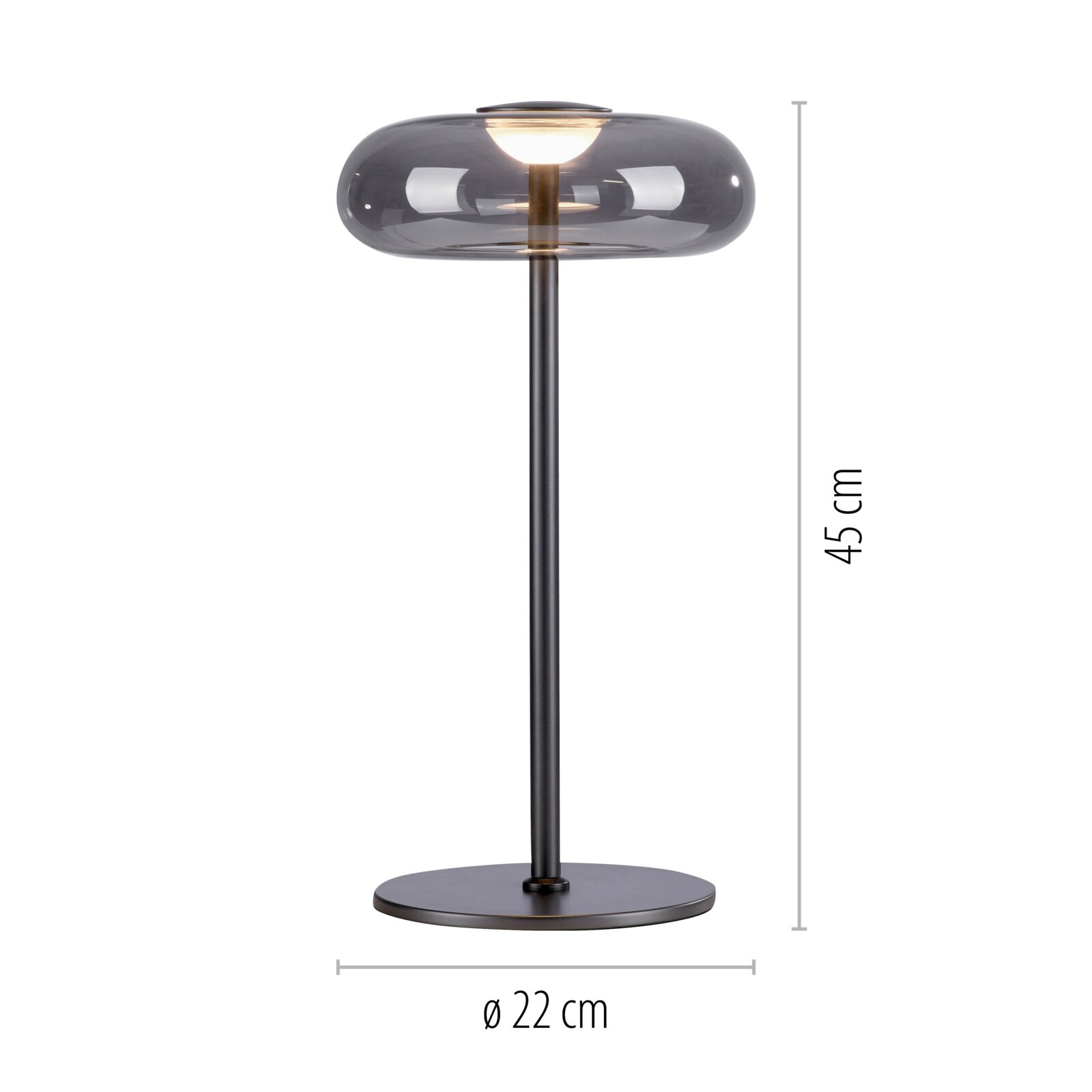 Moderne Tischleuchte mit rauchgrauem, ovalem Glasschirm und schwarzem Metallfuß, warmes Licht, Höhe 45 cm und Durchmesser 22 cm, frontal in Seitenansicht vor weißem Hintergrund