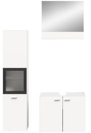 Frontale Ansicht der Badkombination BOSTON mit einem hohen Schrank, einem Spiegel und einem Unterschrank in modernem Design.