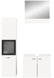 Frontale Ansicht der Badkombination BOSTON mit einem hohen Schrank, einem Spiegel und einem Unterschrank in modernem Design.