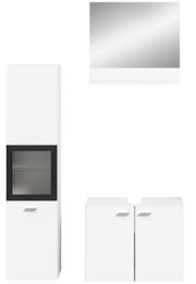 Frontale Ansicht der Badkombination BOSTON mit einem hohen Schrank, einem Spiegel und einem Unterschrank in modernem Design.