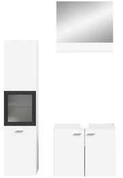 Frontale Ansicht der Badkombination BOSTON mit einem hohen Schrank, einem Spiegel und einem Unterschrank in modernem Design.