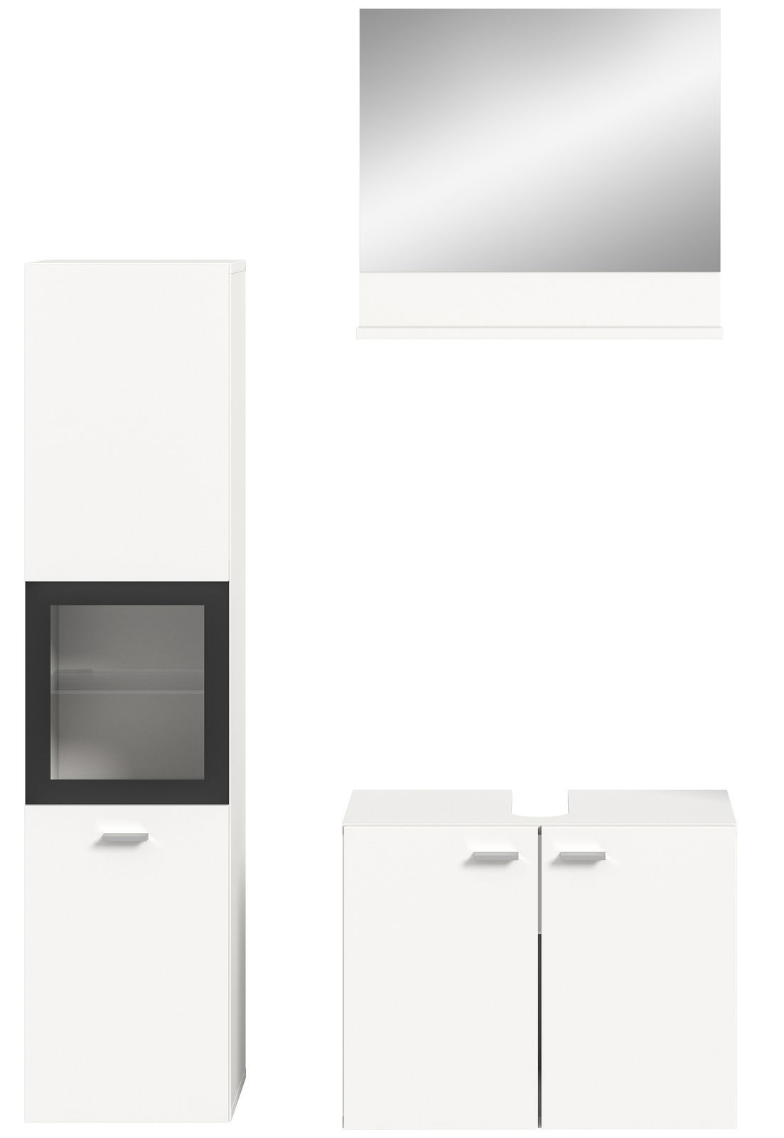 Frontale Ansicht der Badkombination BOSTON mit einem hohen Schrank, einem Spiegel und einem Unterschrank in modernem Design.