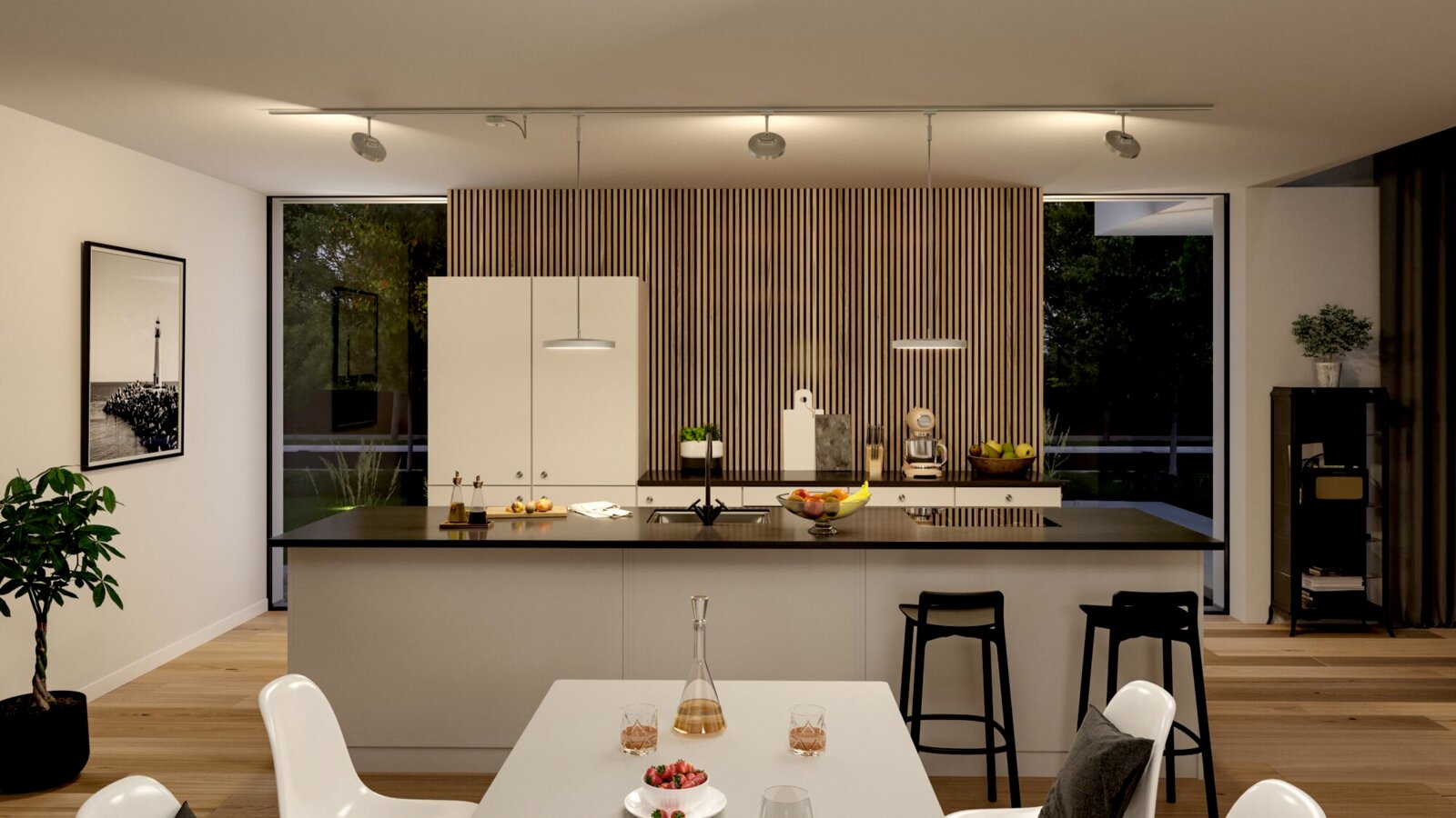 Moderne Küche mit zentraler Kochinsel, Holzverkleidung an der Wand und eleganter Beleuchtung von oben, aus der Perspektive des Essbereichs betrachtet.