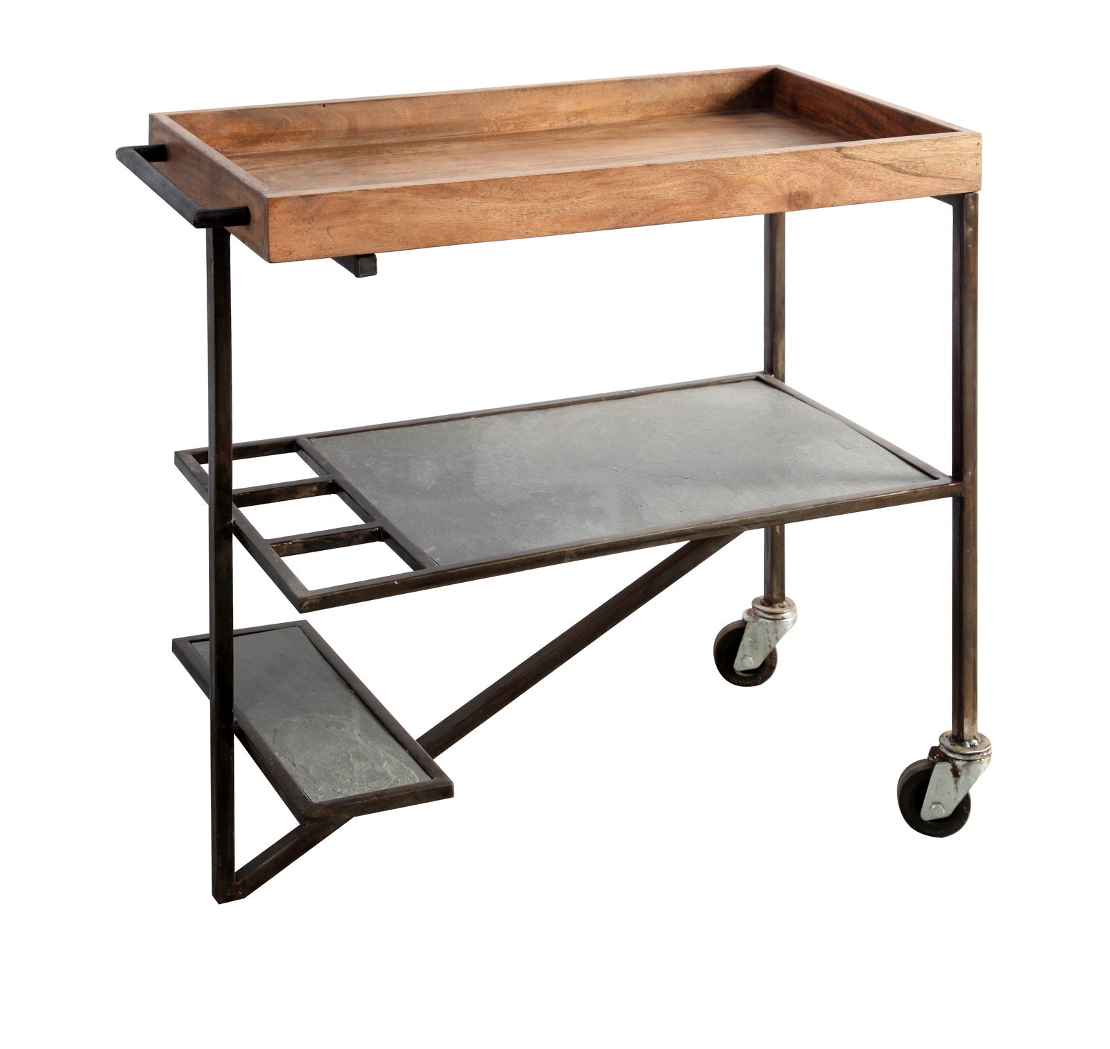 Küchenwagen aus Holz und Metall mit drei Ebenen und Rollen, seitliche Perspektive