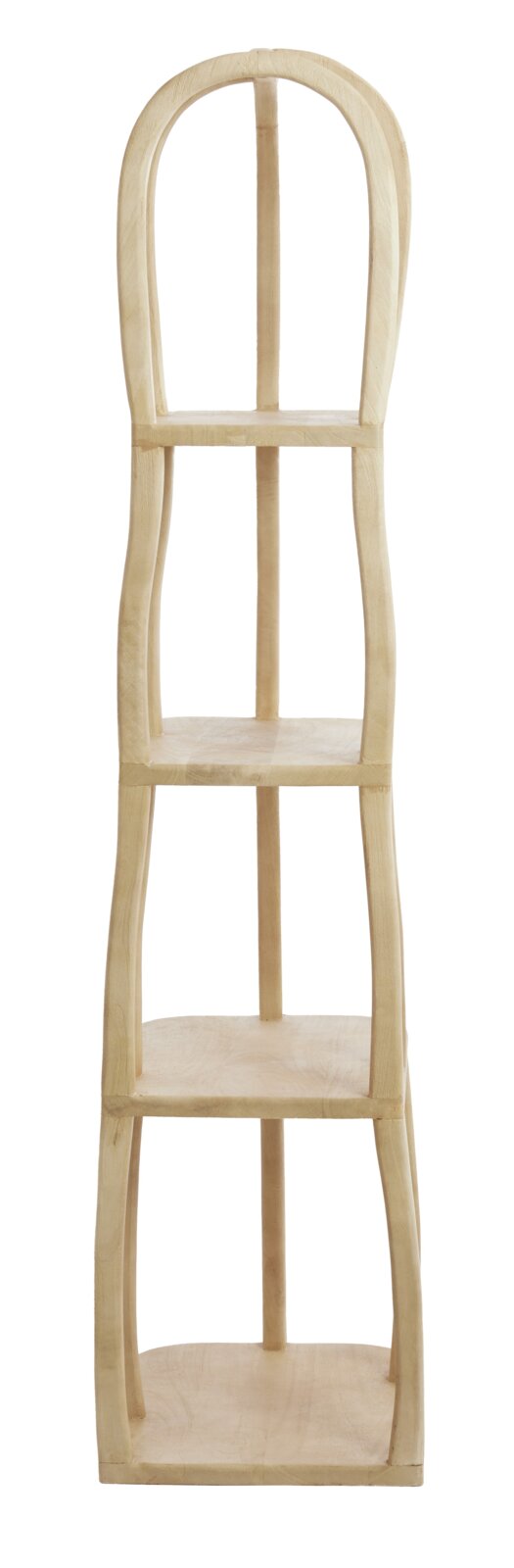 Houten staande kast met vier planken, gezien vanaf de voorkant, in natuurlijke houtkleur.