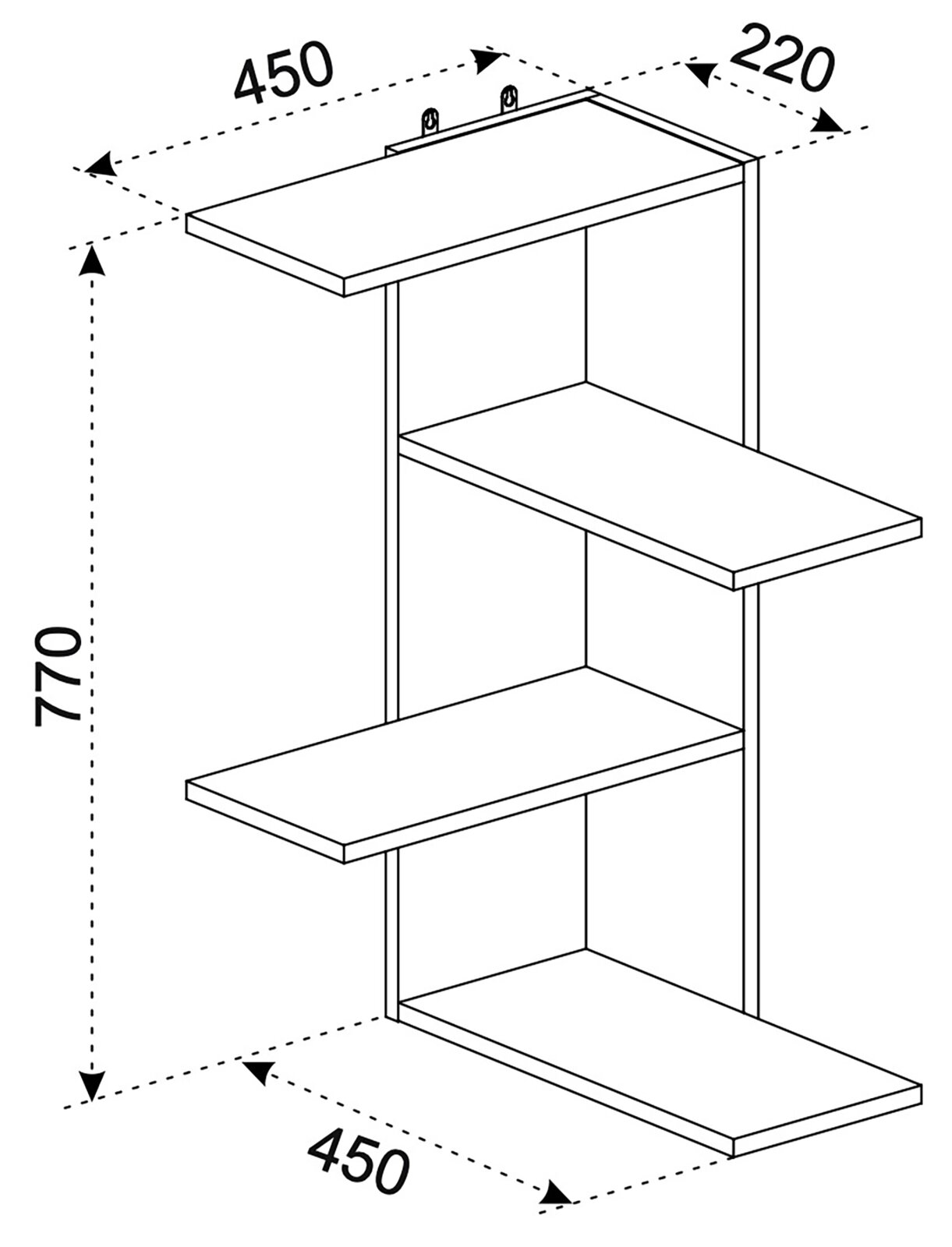 Technische isometrische Schrägansicht eines wandmontierten Regals mit drei versetzt angeordneten Ablageböden, ca. 770 mm hoch, 450 mm breit und 220 mm tief, mit Wandhalterungen oben.