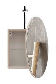 Open spiegelkast met ronde spiegeldeur, zijaanzicht, toont het interieur met glazen plank en ingebouwde verlichting.