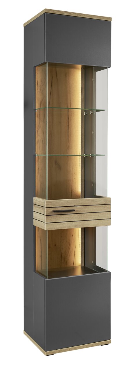 Moderne vitrinekast met glazen planken en houten details, zijaanzicht
