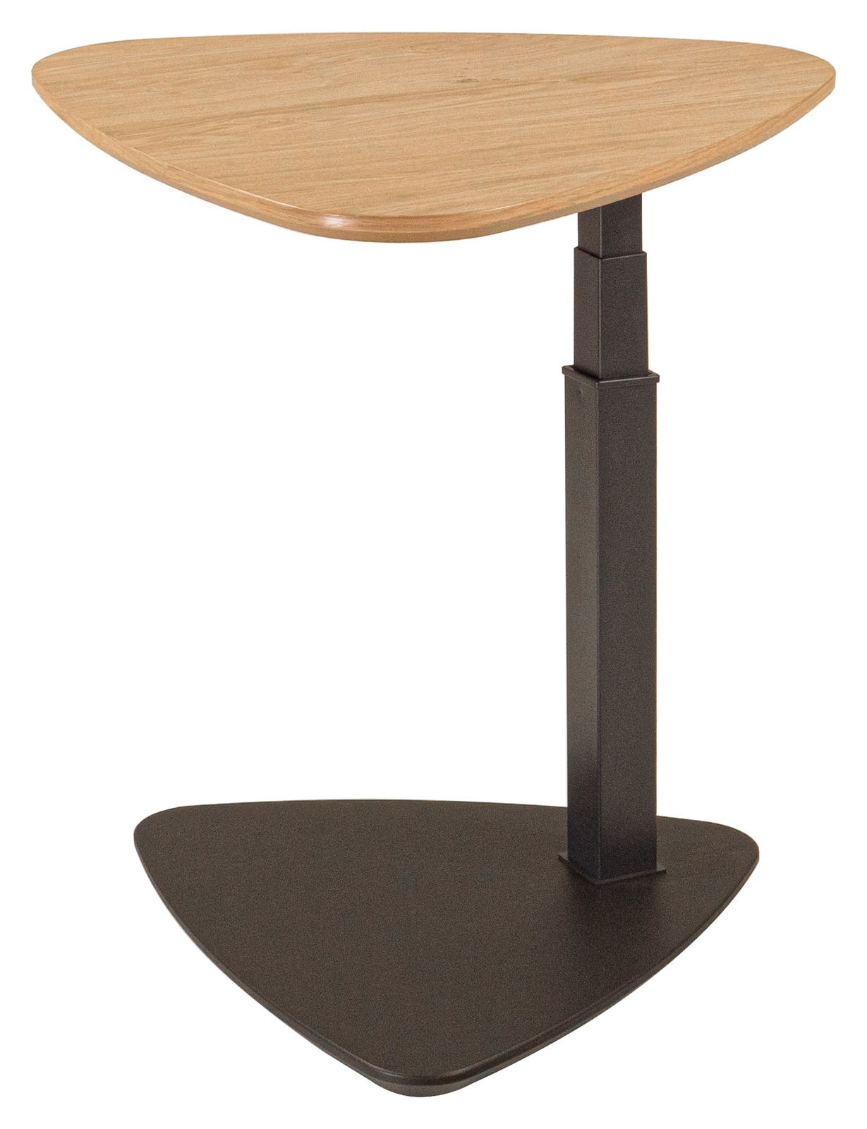 Novel Beistelltisch 144X Moderner Beistelltisch mit dreieckiger Holzplatte und schwarzem Metallgestell, seitliche Perspektive