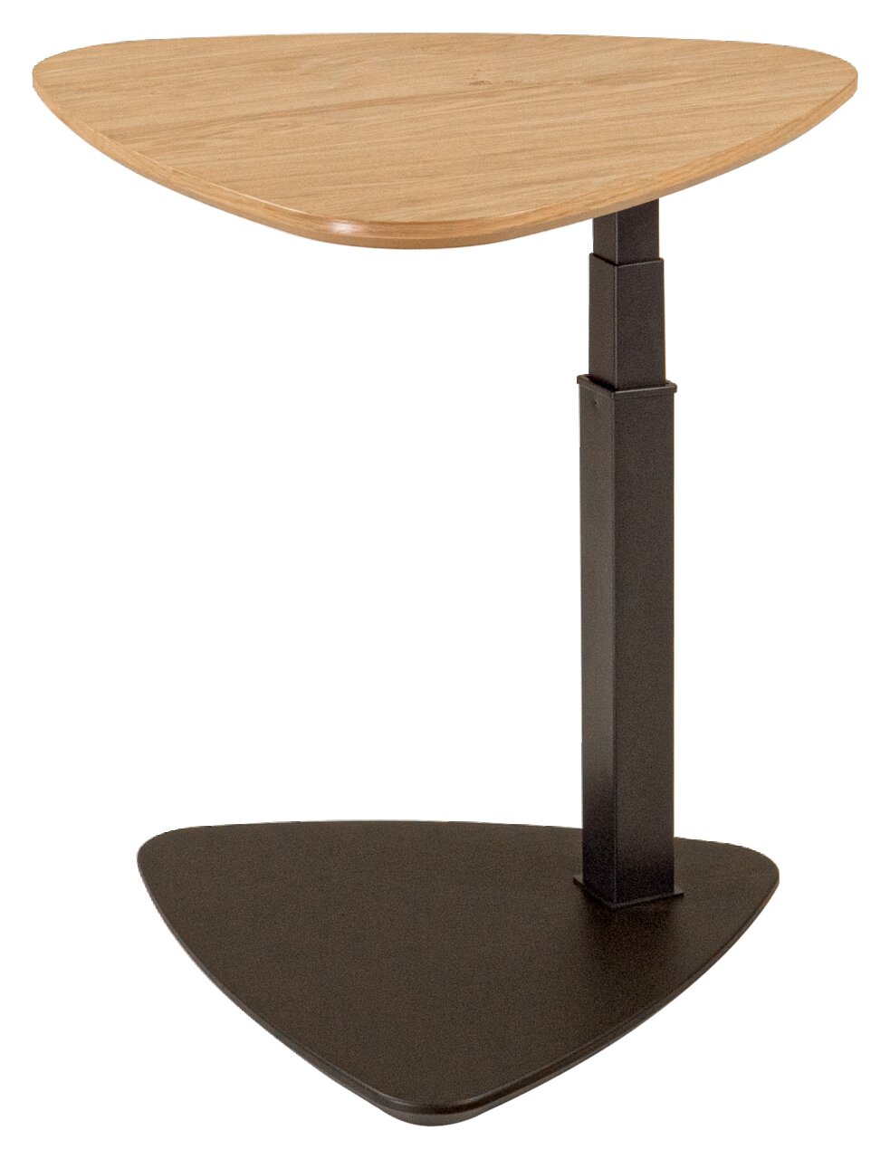 Moderner Beistelltisch mit dreieckiger Holzplatte und schwarzem Metallgestell, seitliche Perspektive